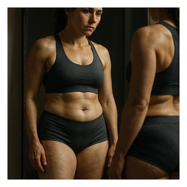 hyper realistic 4K image of a woman looking at herself in the mirror, fit but with stubborn fat on legs and thighs, detailed skin, reflective expression, cinematic lighting sticker