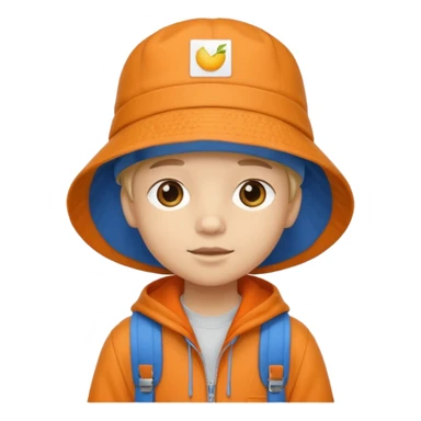 A little student with beige bucket hat, orange jacket, blue backpack sticker