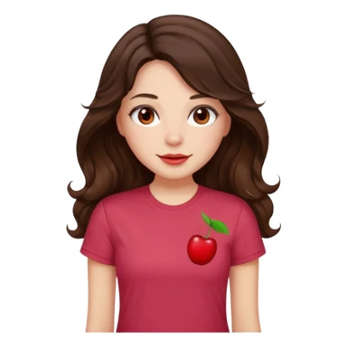 Brunette girl with long wavy hai length hair and blush, wearing cherry red tshirt sticker