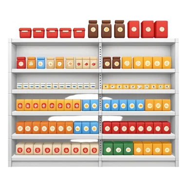 "Minimalist Japanese retail shelf display, products arranged in identical horizontal rows, with multiple units of each item placed directly behind one another, vertically varied by type, clean spacing, precise symmetry, soft neutral lighting, front-facing packages, ultra-detailed." sticker
