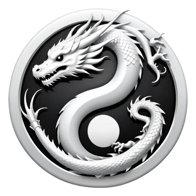 An icon symbolizing Eastern martial arts in the style of an emblem, featuring a black-and-white Yin-Yang symbol and a dragon at the center, surrounded by elements like a dojo. Transparent background highlights balance and power. sticker
