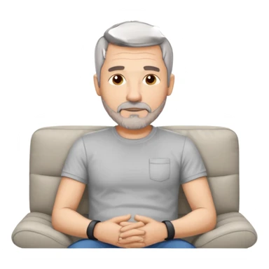 a 50 year man, short grey hair, stubble beard, laying on a ottoman of a light grey cord sofa, front view sticker