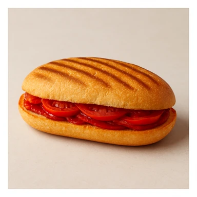 oval panini sandwich with red filling, clear view of the sandwich, appetizing, simple background sticker