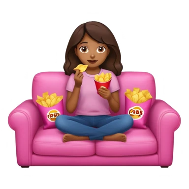 home brown girl with plate of chips, sitting at the pink sofa sticker