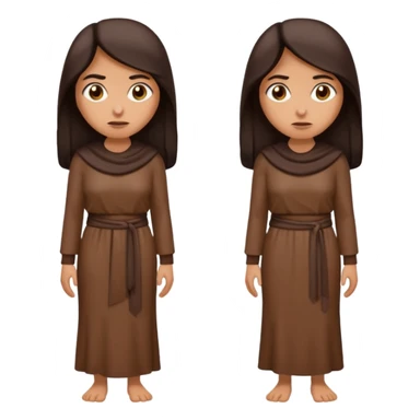 Cartoon emoji of a Middle Eastern-looking woman with long, loose dark hair, wearing chocolate-colored clothes. Full-height, standing, nervous, unsure, worried expression. Slightly hunched, anxious posture. Smooth, simple, stylized. sticker