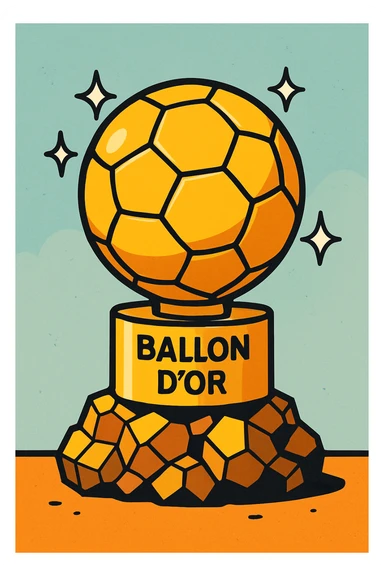 Ballon d'Or trophy, stylized cartoon, gold, sparkles, simple background sticker