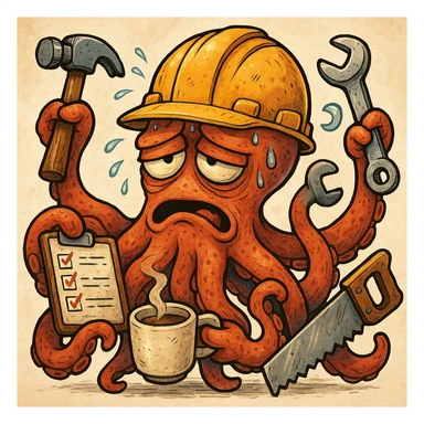 A tired worker depicted as an octopus with multiple tentacles, each holding a different item: a hammer, a checklist with tasks, a wrench, a saw, and coffee. The worker wears a helmet and looks overwhelmed and unable to keep up with all the tasks, detailed cartoon style, expressive and colorful. sticker