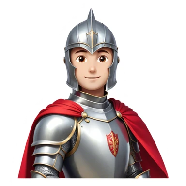 Create a side-view RPG character asset in a clean. The character is a brave knight with exaggerated, rounded features and minimal linework. They wear polished armor in silver tones, with a bright red cape flowing behind them. The face should have large, expressive eyes and a friendly smile that’s clearly visible even from the side view. Keep proportions simple and cartoony. The stance is slightly turned to emphasize the character’s side profile (facing right), with one hand on the hip and the other resting on a sheathed sword at the waist. The colors should be vibrant and easy to read, with smooth shading reminiscent of typical emoji designs. Include two variations: one idle pose and one simple walking pose, each capturing the playful, streamlined look of emoji-like characters. sticker