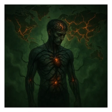 semi-realistic, moody; central human figure, black parasite tendrils radiate from gut and heart into brain and joints, world map background, glowing fissures, green mist, symbolic global health impact sticker