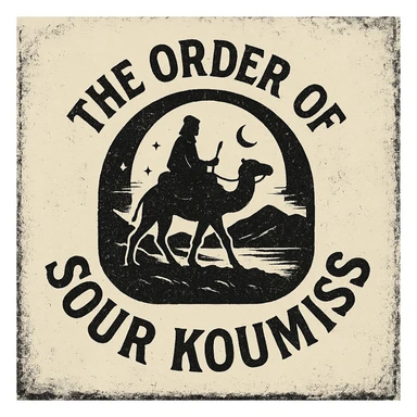 A grunge-style 90s logo for 'The Order of Sour Koumiss' with distressed edges and a mysterious travel theme, black and white sticker