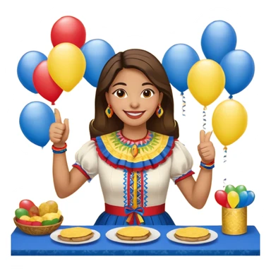 party table decorated with red blue and yellow colors, including backdrops, balloons, streamers and more, on the table are intricate displays of colombian arepas, and in the forefront a woman in traditional colombian dress with a smile and big thumbs up sticker
