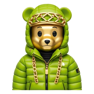 perfectly crafted bearbrick with authentic geometric shape, premium lime balaclava with professionally integrated dark visor lens, Supreme x North Face collaboration puffer jacket with luxurious fur trim, multiple detailed gold chains, ultimate collector's piece sticker