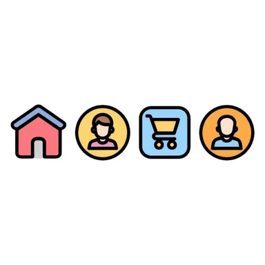 website navigation icons with home, mail, shopping cart, user profile, and settings sticker