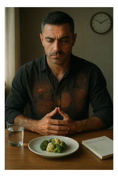 A cinematic close-up of a focused man in his mid-30s with slight beard and tired but determined eyes, sitting alone at a simple wooden table with an untouched plate of food in front of him. His hands are clasped, fingers interlocked in a meditative position over his lower abdomen, symbolizing willpower and internal balance. He wears a lightweight natural fiber shirt, sleeves rolled up. The lighting is soft and natural, early morning light coming from a nearby window. Around him, visual cues of cellular regeneration — faint glowing patterns subtly overlaying his body, especially near the liver, gut, and brain, suggesting autophagy and deep healing. The room is minimalist: a glass of water, a notebook with fasting hours, and a clock in the background ticking calmly. The tone is serene, intentional, and deeply introspective. Shot in 35mm cinematic style, warm highlights and clean shadows. sticker