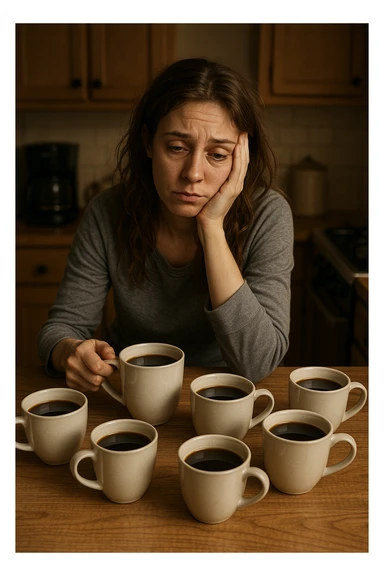 donna con stanchezza cronica distrutta e stanca che si fa tanti caffè sticker