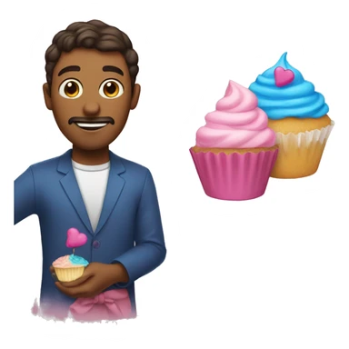 A man with a pink cupcake and a blue cupcake sticker