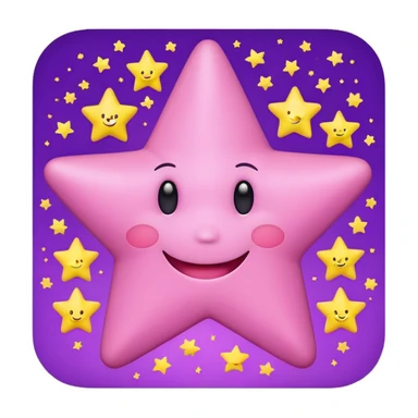 cute pink star with a smiley face, surrounded by small yellow stars, purple background sticker