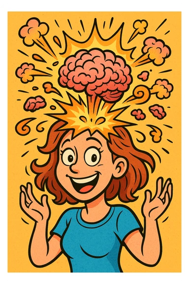 a cartoonish woman with her brain exploding in a comic, exaggerated way, playful, not scary sticker