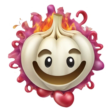 A clove of garlic and an onion kissing with an explosion of smell with some heart sticker