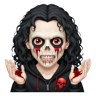 Vampire wearing a black hoodie with a skull logo on it, long curly hair that covers the forehead, fanged teeth and blood on hands sticker
