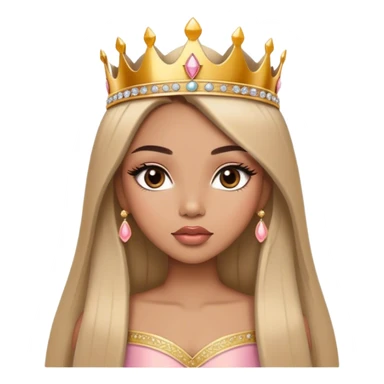 Glamourous princess, light brown skin tone, very beautiful girl, with big plump peach-beige lips, long long lashes, black straight smooth silky long hair, straight parting hair, brown eyes, gold tiara sticker