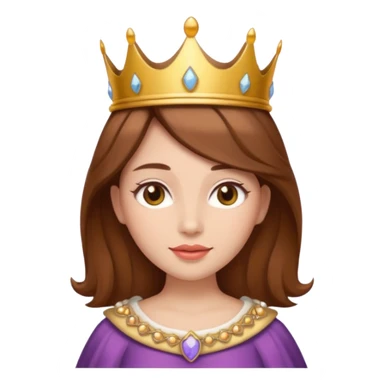 vull un perosnatge estil bimoji que sigui una figura radiante y serena. Se la describe como hermosa y deseable. Cabello castaño y labios carnosos y de un color meocoton, ojos color miel y una vestimenta digna de la realeza, sin olvidar su corona sticker