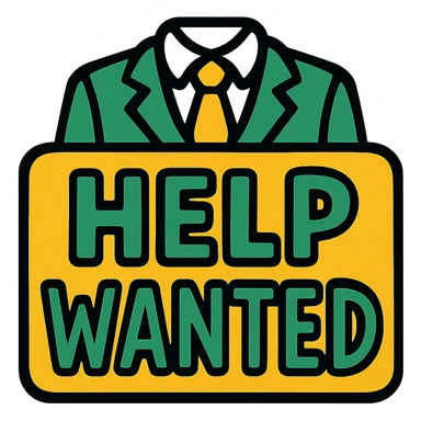 help wanted sign, professional style, green gold and white color scheme, bold and clear, suitable for digital use sticker