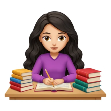 a pretty tan bratz girl with black wavy long hair studying. Pile of books on the table. No glasses sticker