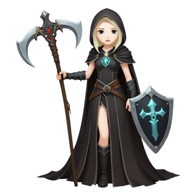 Necromancer girl with scythe and shield, standing over a fallen mage sticker
