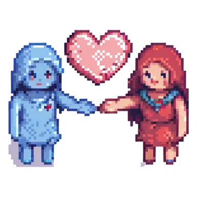 two pixelated characters holding hands with hearts, playful and cute, no explicit content sticker