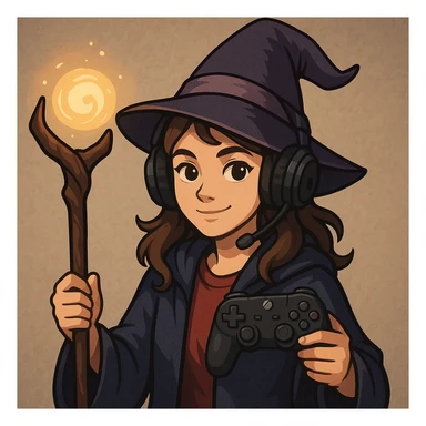 a girl wizard who is also a gamer, holding a magic staff and a game controller, wearing a wizard hat and headphones sticker