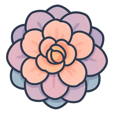 volumetric peach flower with multiple layers of petals, strictly front view, icon-color-outlined style, detailed shadows and highlights, smooth color transitions, thin clean contours, soft rounded shapes, pastel palette #98B5BC, #B5B3C1, #C9A3C9, #E4C0CA, #F7DCD1, #F7C0AA, modern Japanese pop art and sticker aesthetics, soft lighting, transparent background sticker