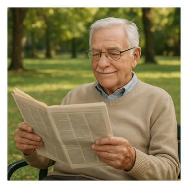 elderly man with gray hair, reading a newspaper, relaxed, wearing glasses, in a park sticker