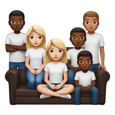 A white girl sitting alone on a couch with 5 black men in white shirts behind the couch sticker