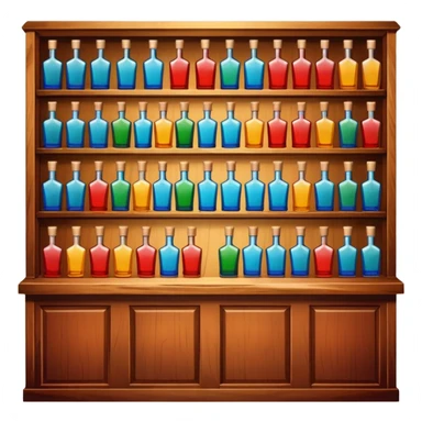 A wooden bar counter with rows of colorful liquor bottles lined up behind.
 sticker