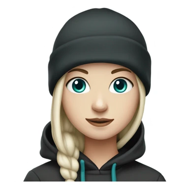 White girl, black hoodie, teal hair, purple beanie hat, blue eyes sticker