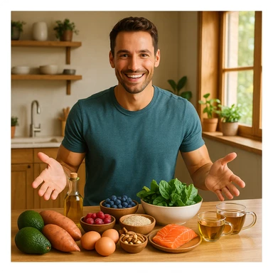 a healthy, smiling man in a sunlit kitchen with wooden accents, surrounded by avocados, sweet potatoes, olive oil, berries, quinoa, eggs, leafy greens, nuts, salmon, and herbal teas, gesturing toward his favorite foods, vibrant and modern lifestyle photography sticker