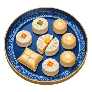 Warms Dim Sum pieces on a dark blue porcelain tray sticker