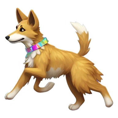  brindle fluffy lurcher Alsatian fox running blue eyes fluffy ears and iridescent holographic oilslick harness wearing paper iridescent tropical flower crown yellow caution tape neon sign sticker