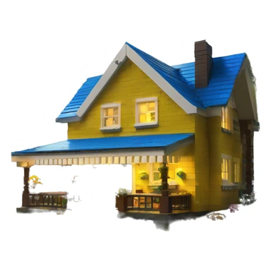  very very big Lego Cabin near a big tree.  Thick moss growing on the roofs. grass fields. porch lights turned off. bright white interior lights turned off. guests sitting in chairs on the porch, flowers and bushes are yellow and blue. sticker