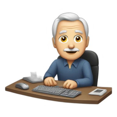 old man sitting at desk with 3 monitors sticker