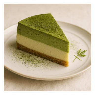 a matcha cheesecake slice with visible layers, matcha powder sprinkled on top, elegant presentation sticker