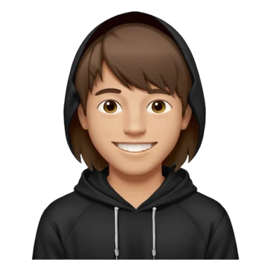 20 yr old man, brown hair, straight, big smile, white teeth, tanned skin, bangs, black hooded sweatshirt, long hair in back, center-parted bangs sticker