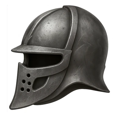 Create an iron version of this helmet with the same shape, looking a little worn and realistic metallic iron. The style should emulate emoji style with a transparent background. sticker