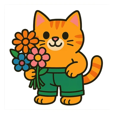 a chubby kitten in pants with a bouquet of flowers sticker