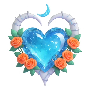 gothic heart made of icy blue glass, silver crescent moon, frosted white roses, holographic stardust, neon cyan lightning, drenched and splintered glass sticker