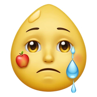yellow emoji face with sad expression and one teardrop under the eye, white tissue or handkerchief wiping the tear gently, apple emoji style, simple white background sticker