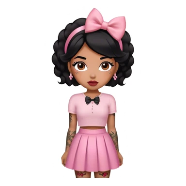 coquette, tattoos, brown sunkissed skin with black hair, lipgloss, blush, pink skirt, bow in hair sticker
