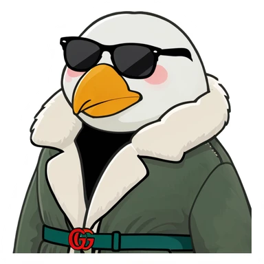Penguin wearing sunglasses and puffy fur jacket and Gucci belt sticker
