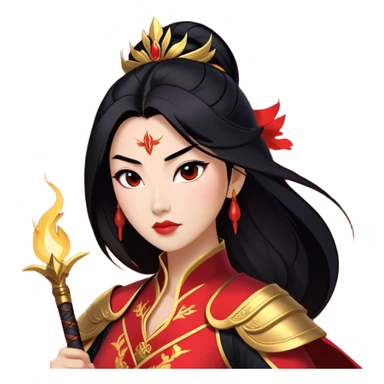 Cinematic Stunning Mulan Portrait Emoji, Fierce yet graceful, flowing raven-black hair, piercing brown eyes filled with determination, adorned in regal red and gold warrior attire, glowing with the strength and beauty of a true heroine, an elegant warrior in her prime! sticker